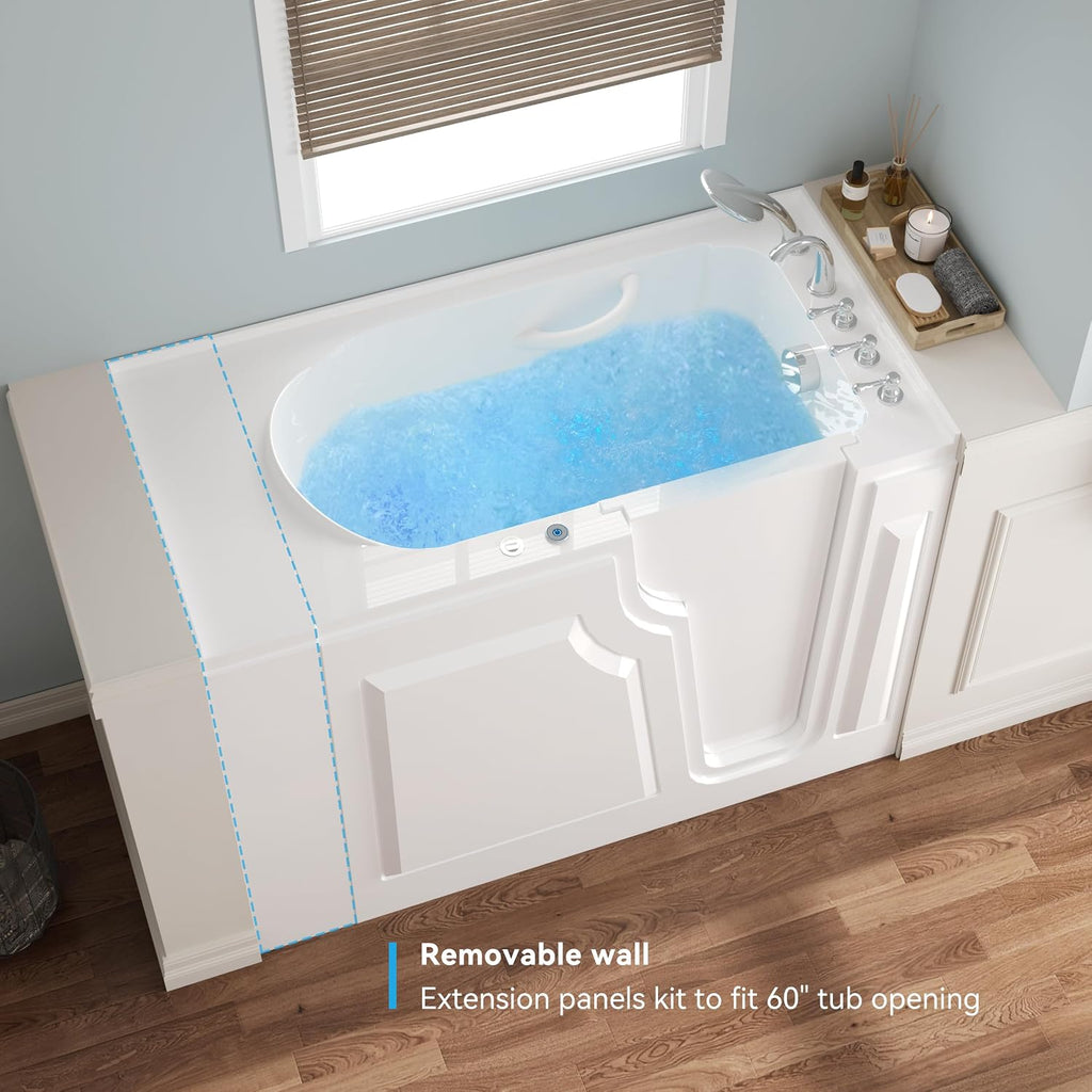 FerdY Floridian 52'x30' Walk-in Whirlpool Bathtub with 14 Air Water SPA Jets and Right-Side Door Opening and Quick Fill and Drain System, Rectangular Soaking Bathtub in White