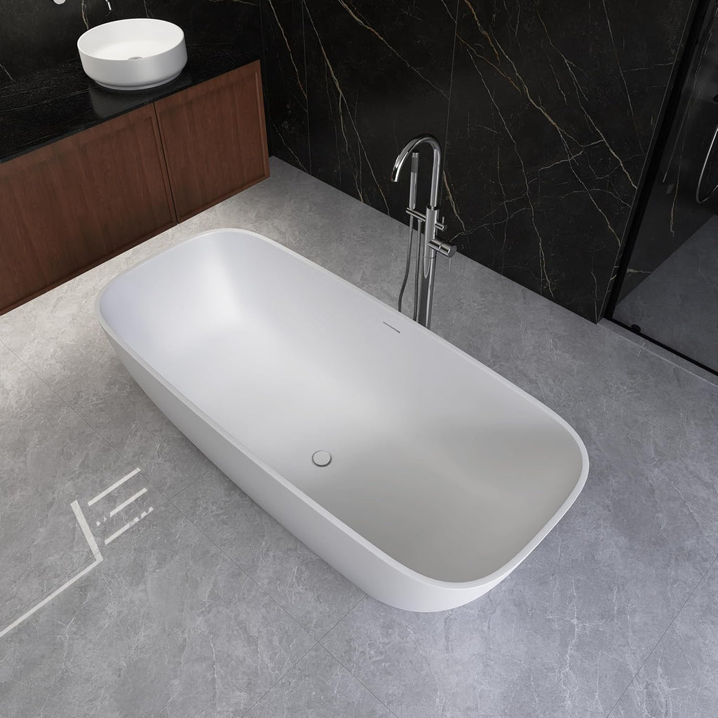 67' Resin Stone Freestanding Bathtub, Solid Surface Bathtub Modern Design Stand Alone Tub with Drain and Overflow, Matte White 306MW1700