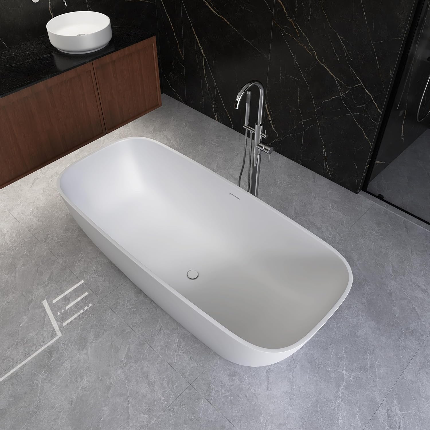 67' Resin Stone Freestanding Bathtub, Solid Surface Bathtub Modern Design Stand Alone Tub with Drain and Overflow, Matte White 306MW1700