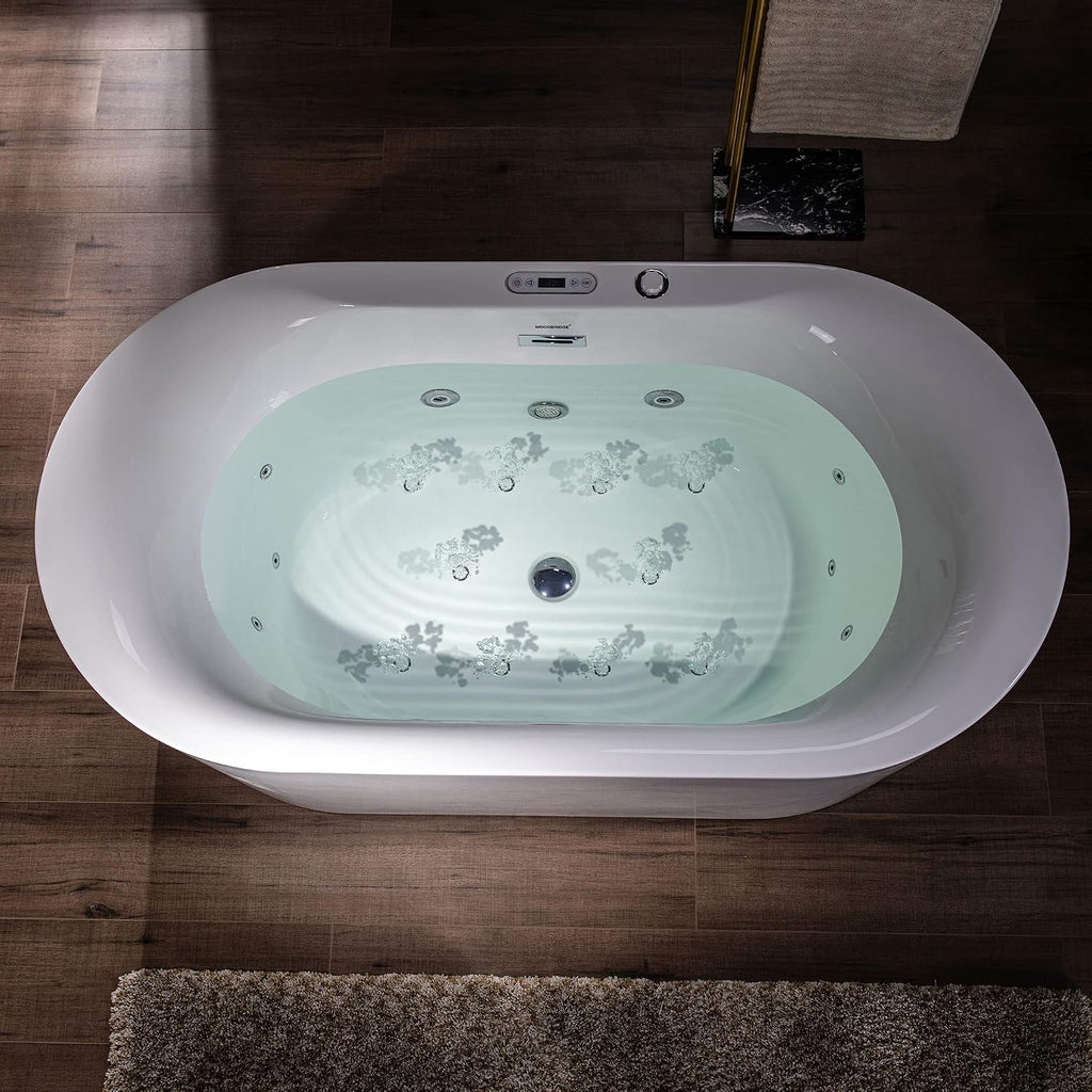 WOODBRIDGE 59' x 31-1/2' Whirlpool Water Jetted and Air Bubble Freestanding Heated Soaking Combination Bathtub with LED control panel, BJ100, White | Whirlpool Water Jetted, Air Bubble, Heated Soaking, LED Control Panel