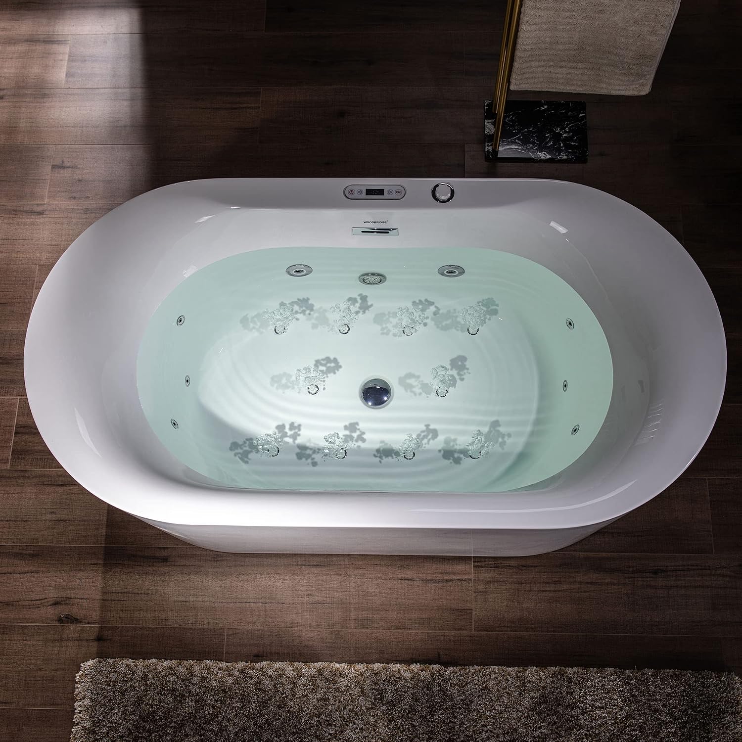 WOODBRIDGE 59' x 31-1/2' Whirlpool Water Jetted and Air Bubble Freestanding Heated Soaking Combination Bathtub with LED control panel, BJ100, White | Whirlpool Water Jetted, Air Bubble, Heated Soaking, LED Control Panel