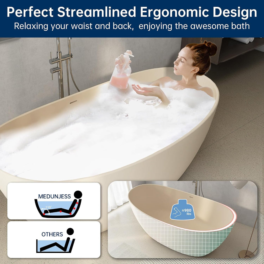 65'' Resin Stone Freestanding Bathtub, Solid Surface Free Standing Tub, Contemporary Design Soaking Tub with Pop-up Drain and Overflow, Stand Alone Tubs cUPC Certified, Latte color