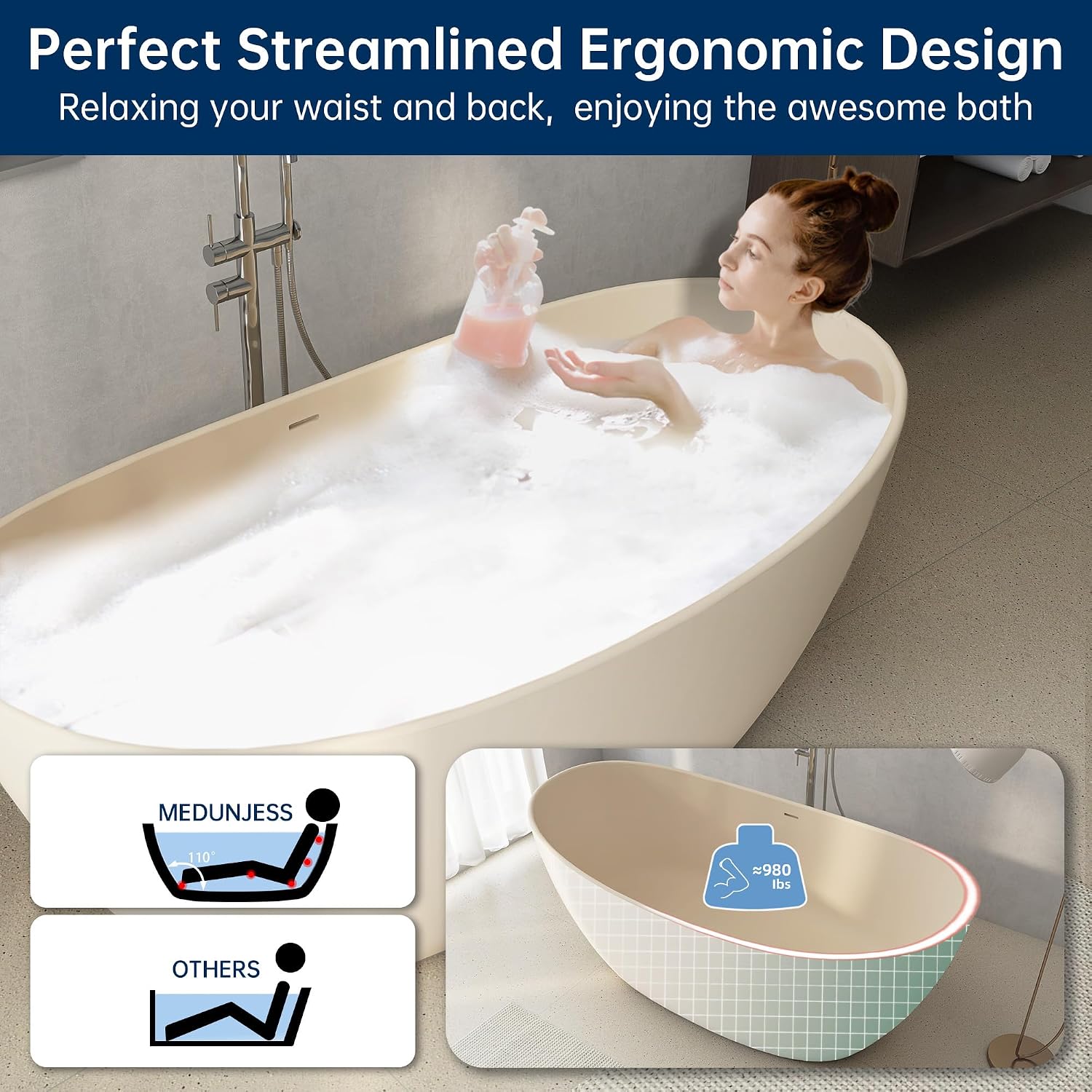 65'' Resin Stone Freestanding Bathtub, Solid Surface Free Standing Tub, Contemporary Design Soaking Tub with Pop-up Drain and Overflow, Stand Alone Tubs cUPC Certified, Latte color