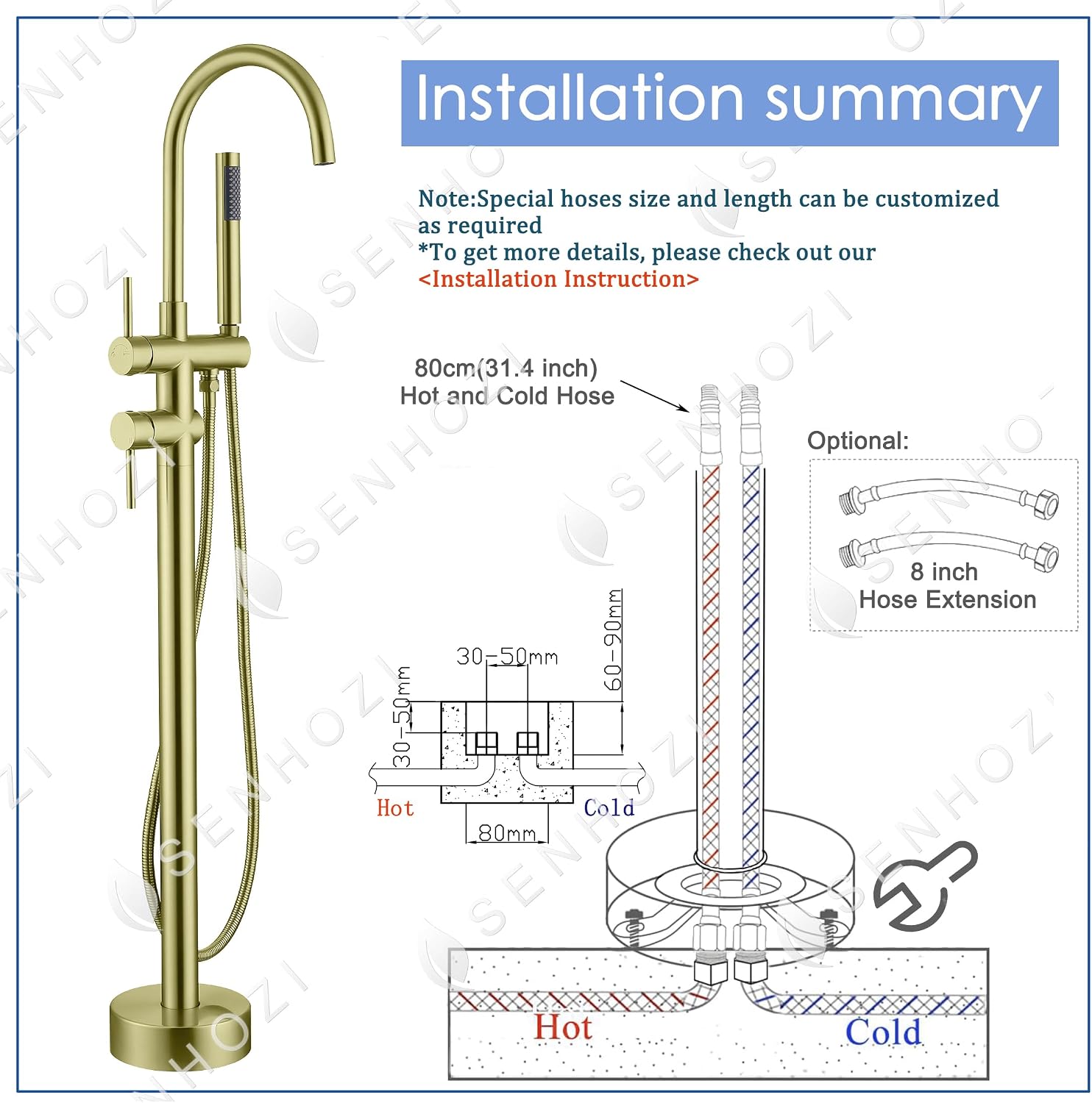 Freestanding Tub Faucet Floor Mount Tub Fillers, Senhozi Brushed Gold Free Standing Tub Faucets, Mixer Tap Two Handle Gold Freestanding Bathtub Faucet with Hand Shower, SE-3001-BG