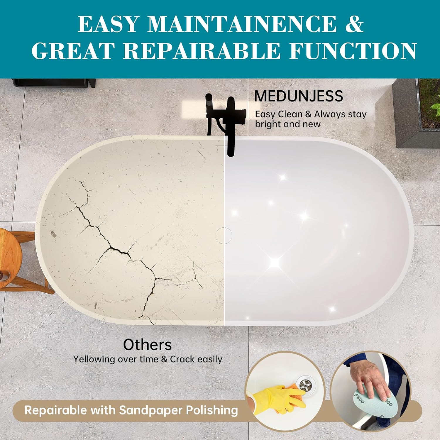59'' Free Standing Tub, Stone Resin Freestanding Bathtub, Bathroom Soaking Tub Soaker Tubs Oval Shaped, Luxury Modern Freestanding Tubs with Overflow and Pop-up Drain - White