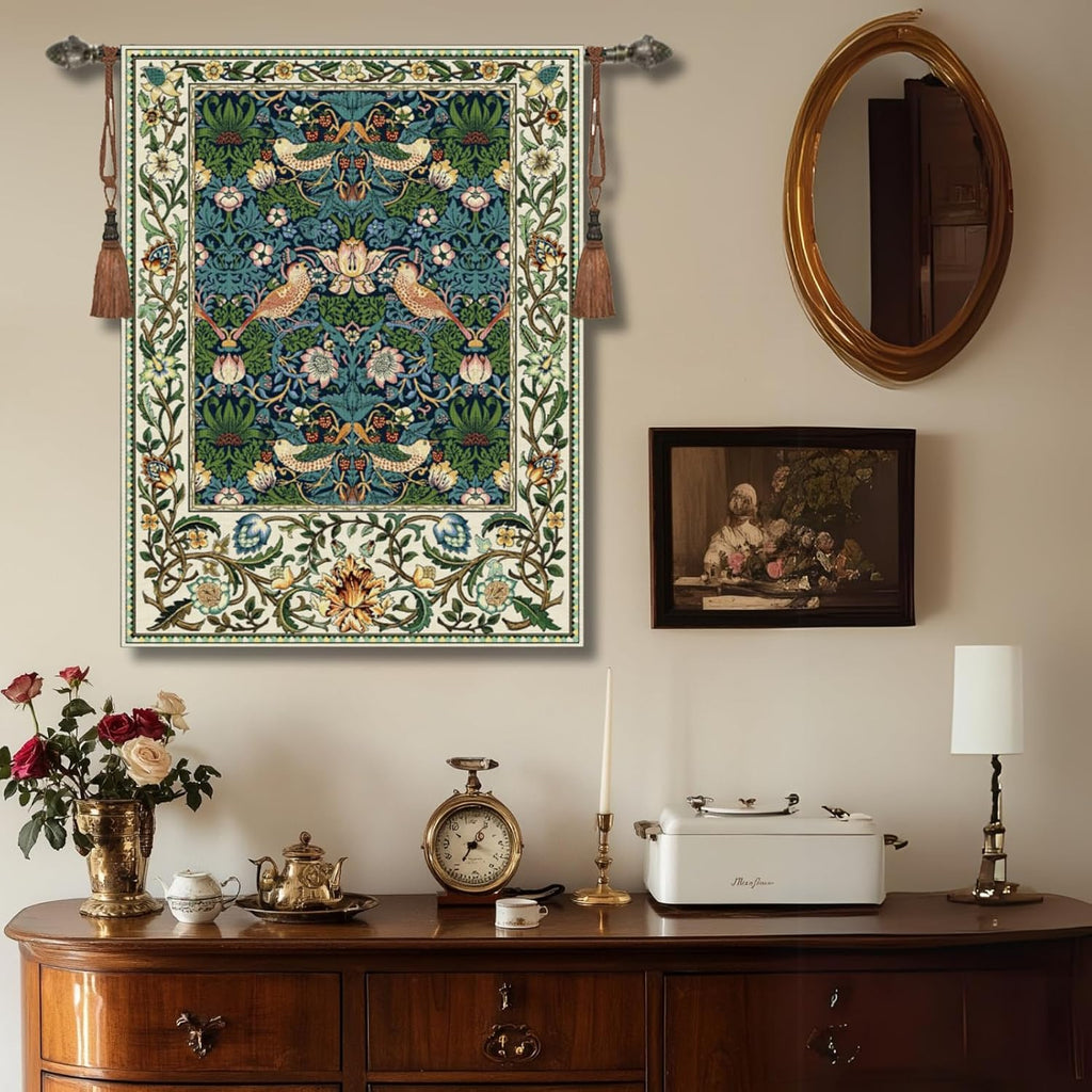 Vintage Medieval Tapestry, William Morris Birds and Flowers, Jacquard Woven Tapestry Wall Hanging for Living Room (Blue)