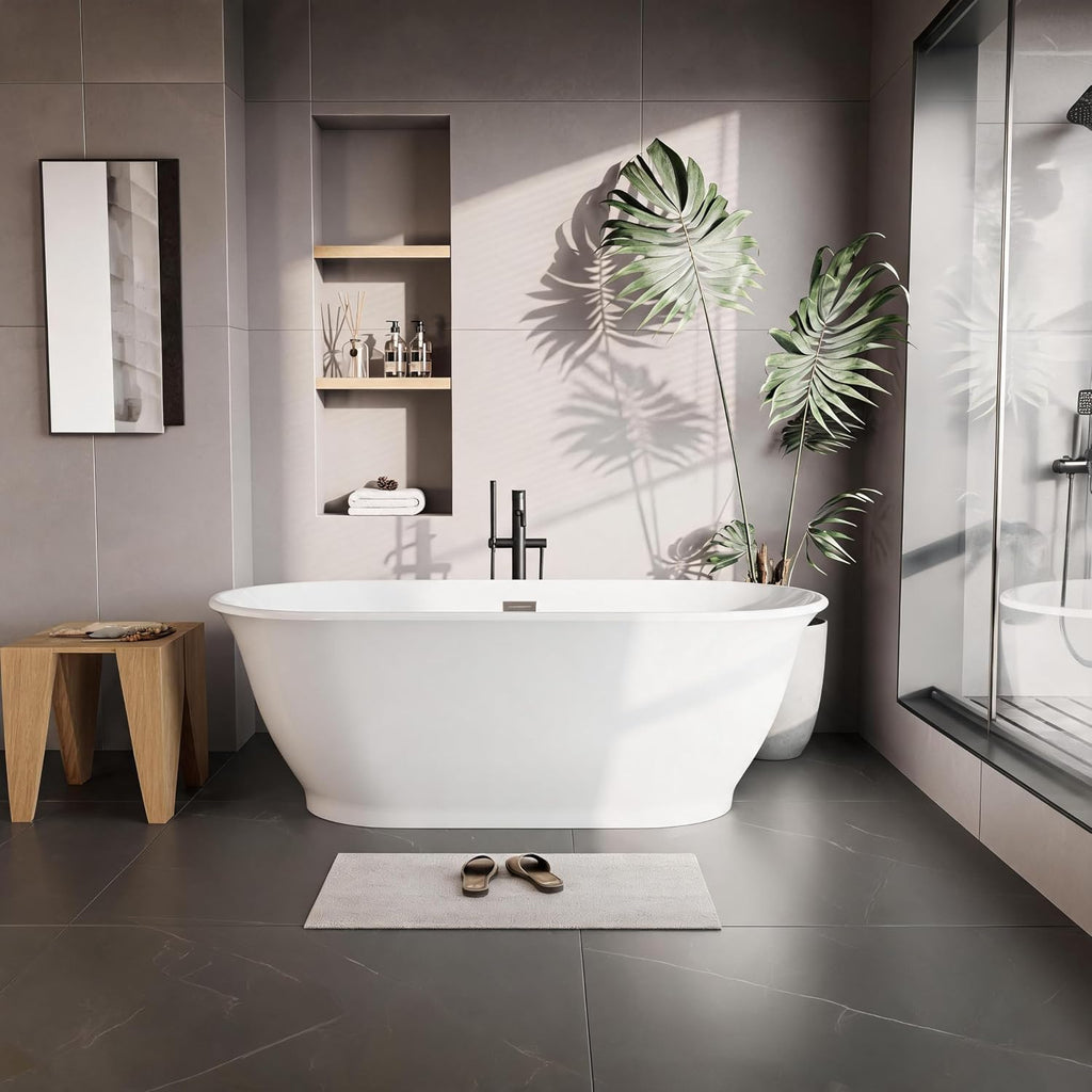 59' Oval Freestanding Bathtub, Acrylic Soaking Tub with Overflow, Matte Silver Drain, Modern Stand Alone Tub, Deep Free Standing Bath Tub for Bathroom, Hotel, Easy Install, CUPC Certified, White