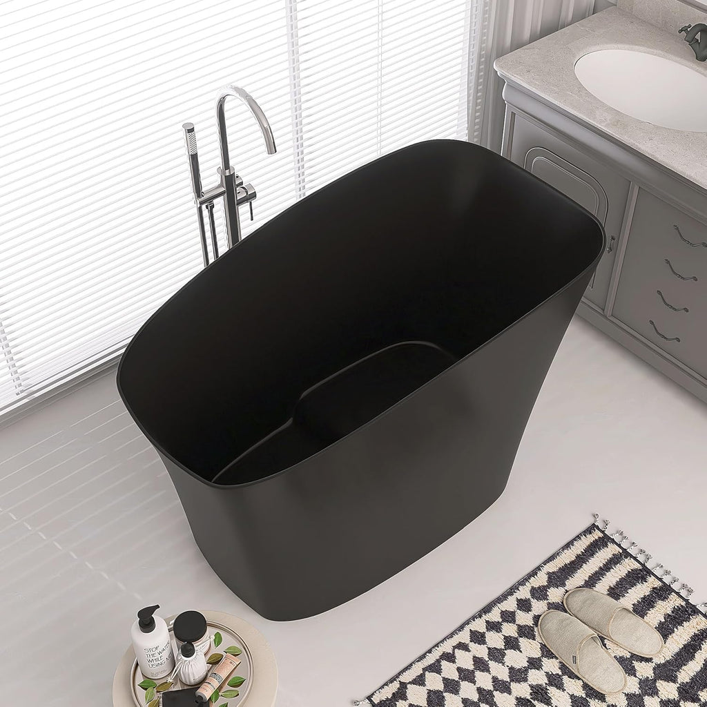 51' Japanese Soaking Bathtub with Seat, Solid Surface Matte Black | Freestanding Deep Soaking Tub, Pop-Up Drain and Overflow, Resin Stone Stand Alone for Samll Bathroom