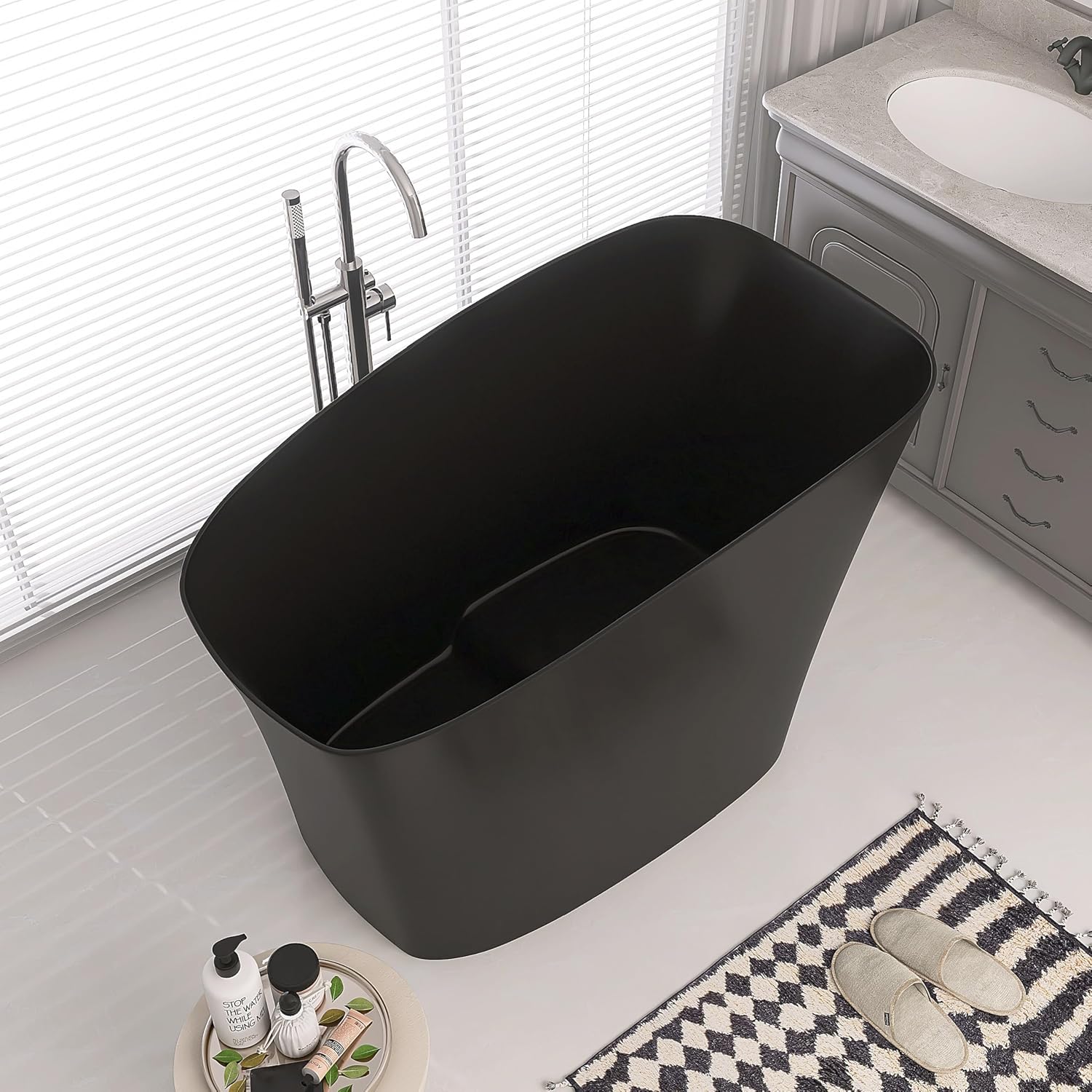 51' Japanese Soaking Bathtub with Seat, Solid Surface Matte Black | Freestanding Deep Soaking Tub, Pop-Up Drain and Overflow, Resin Stone Stand Alone for Samll Bathroom