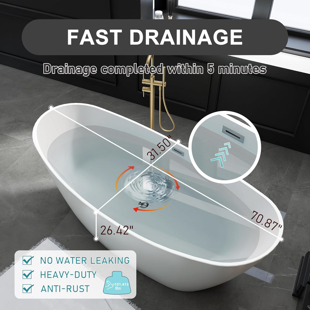 71' Acrylic Freestanding Bathtub, High-back Soaking Tub for Bathroom, Stand Alone Tub, cUPC Certified, Integrated Overflow and Drain, Gloss Grey