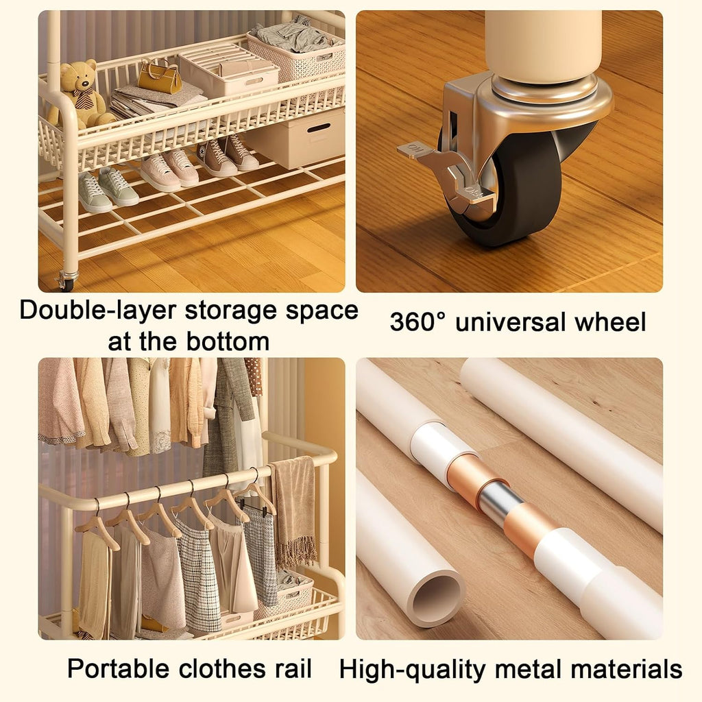 Portable Clothes Rack With Wheels,Metal Garment Rack With Storage Shelves And Coat/Hat Hooks,Freestanding Clothing Organizer Racks For Hanging Clothes,Black/White(White,80cm(31.5in))