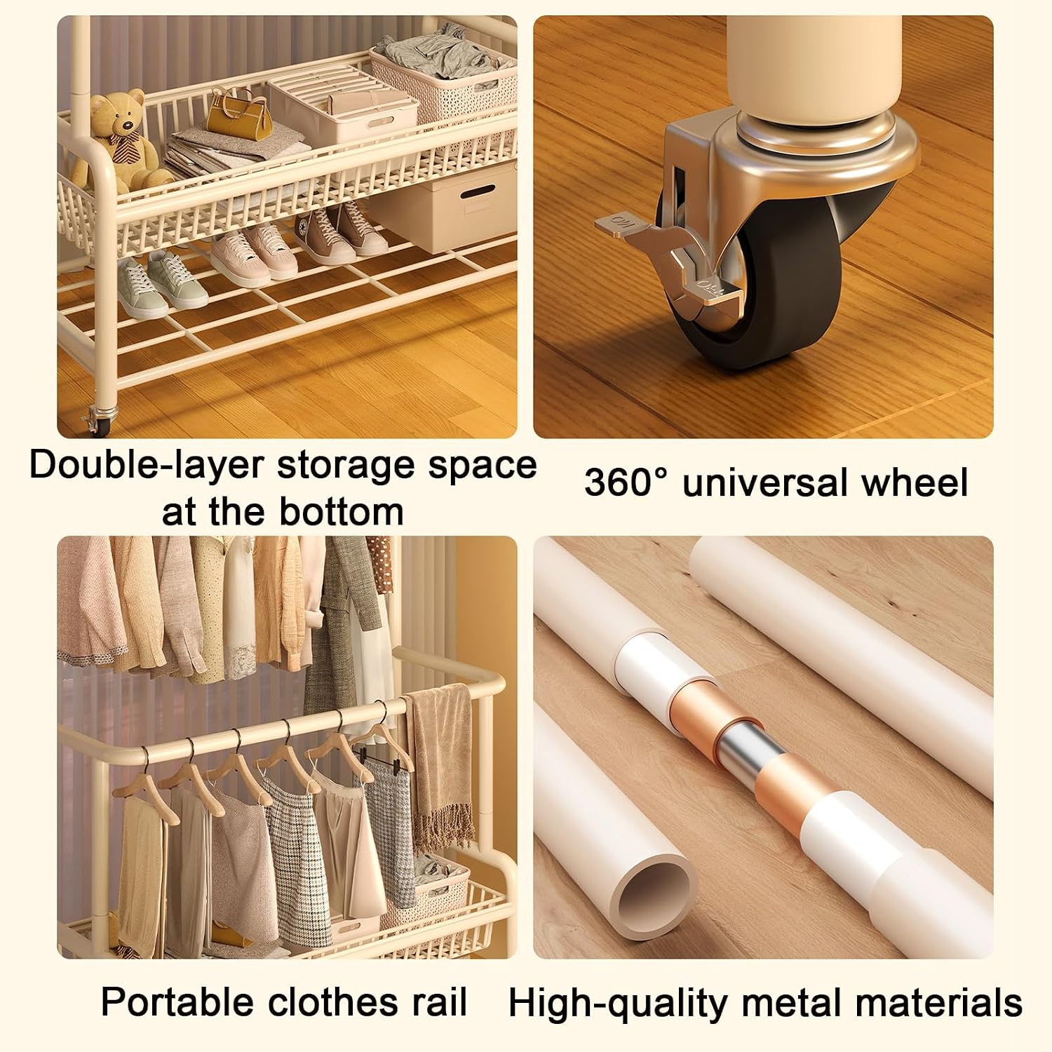 Portable Clothes Rack With Wheels,Metal Garment Rack With Storage Shelves And Coat/Hat Hooks,Freestanding Clothing Organizer Racks For Hanging Clothes,Black/White(White,80cm(31.5in))