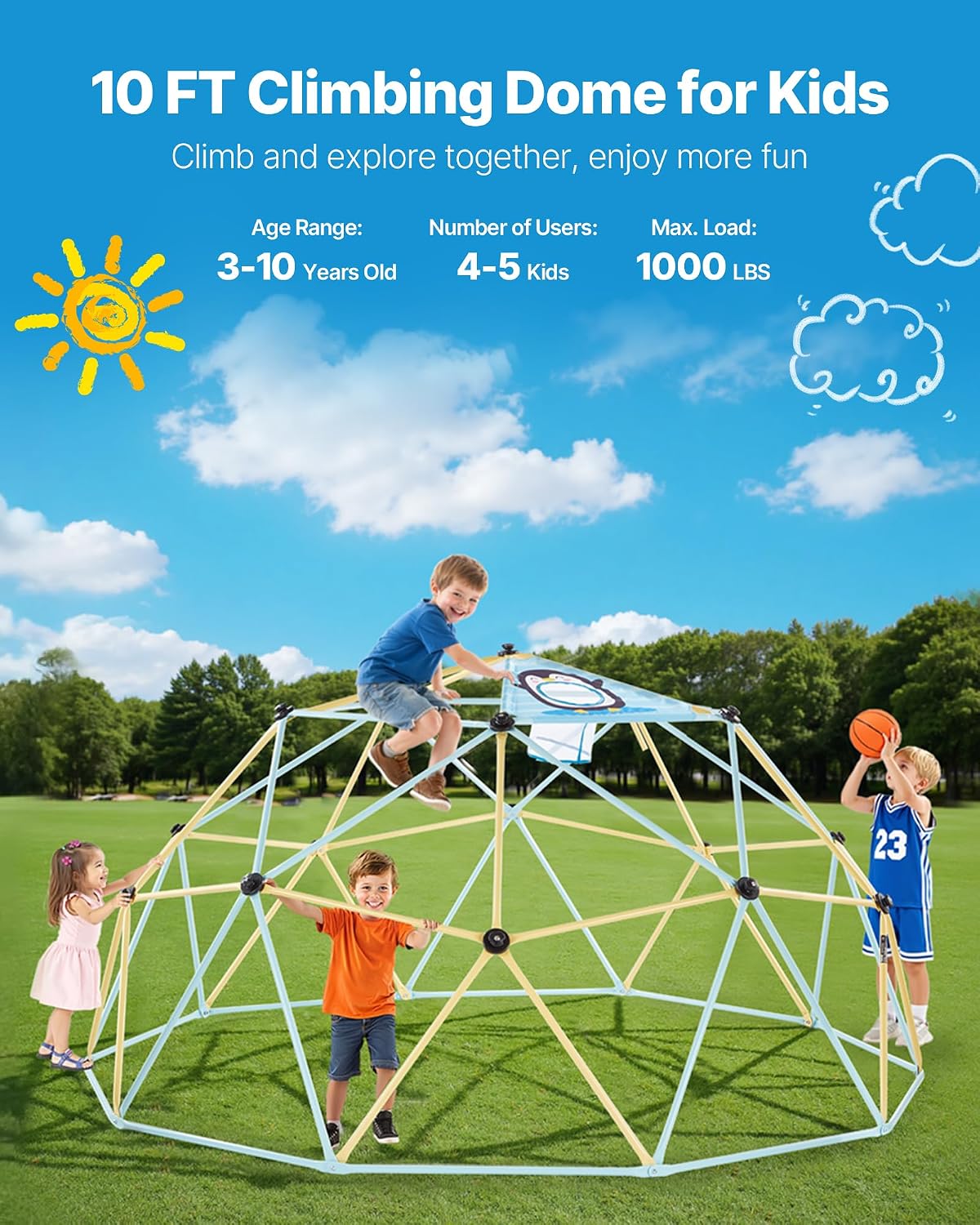 VEVOR Climbing Dome, 10FT Geometric Dome Climber, 1000LBS Loading Jungle Gym Playground with 2 Basketballs & Octopus Net, Easy-Assembly Outdoor Backyard Climbing Equipment for Kids 3 to 10 Years Old