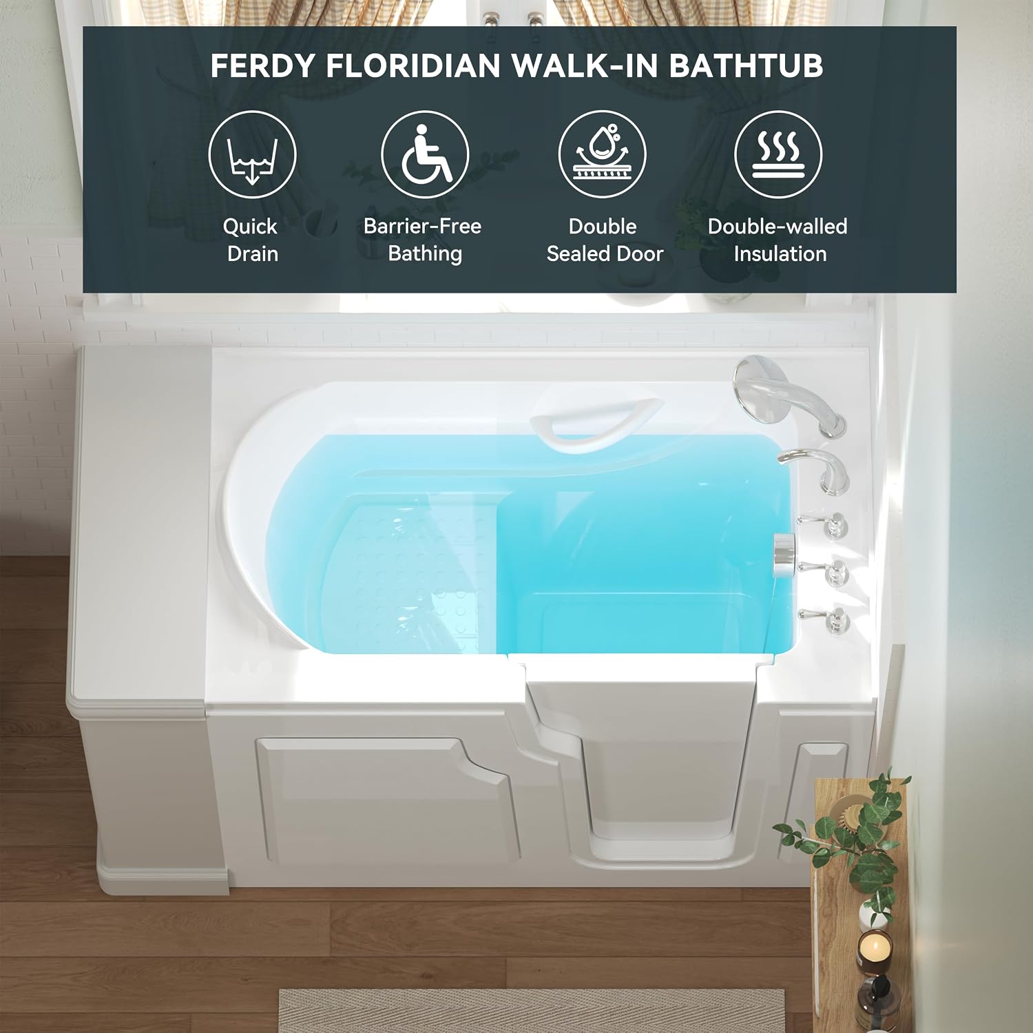 FerdY 52' x 30' Walk-in Bathtub with Right-Side Door Opening, Quick Fill and Drain System, Shower Combo with Rectangular Soaking Bathtub in White, Floridian