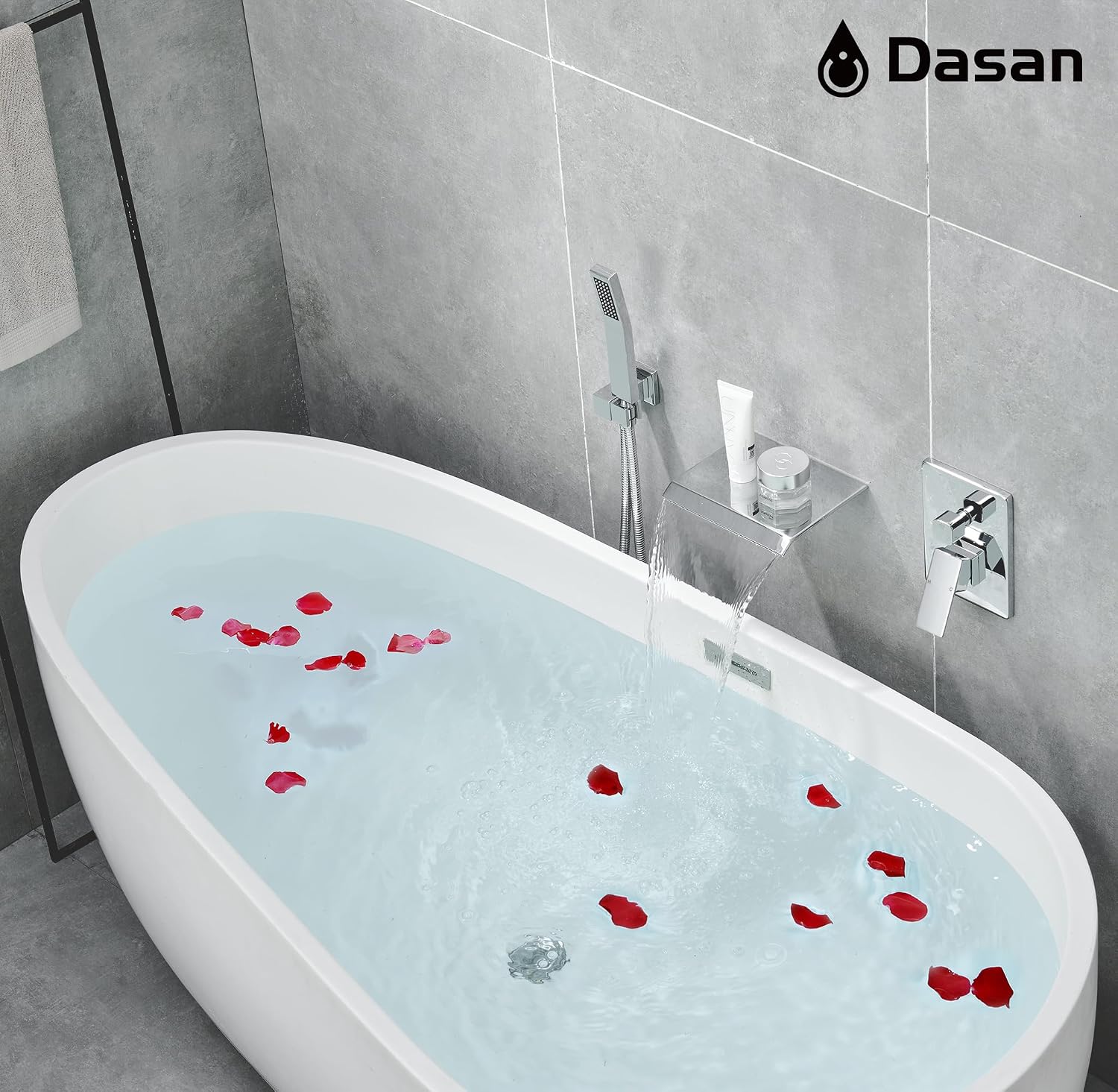 Upgraded Wall Mount Tub Filler Faucet with Handheld Shower, DASAN Modern Wall Mounted Bathtub Faucet Chrome High Flow Waterfall Tub Faucet with Rough in Valve, SA-TF04WH-PC
