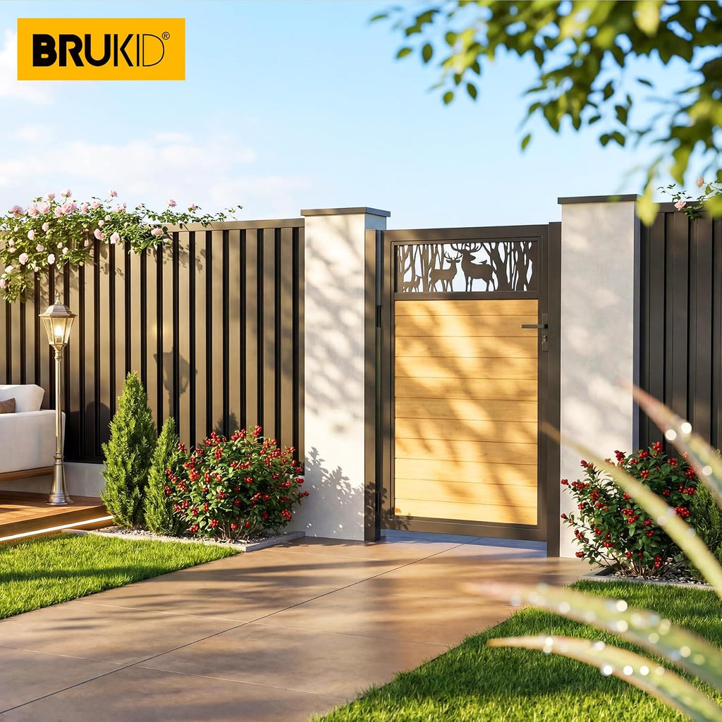 3x5 FT Aluminum Fence Gate Kit Wood Grain Aluminum Gate with Decorative Cutout, Lock & Hinges, Left/Right Opening, Weather Resistant for Yard Garden Patio