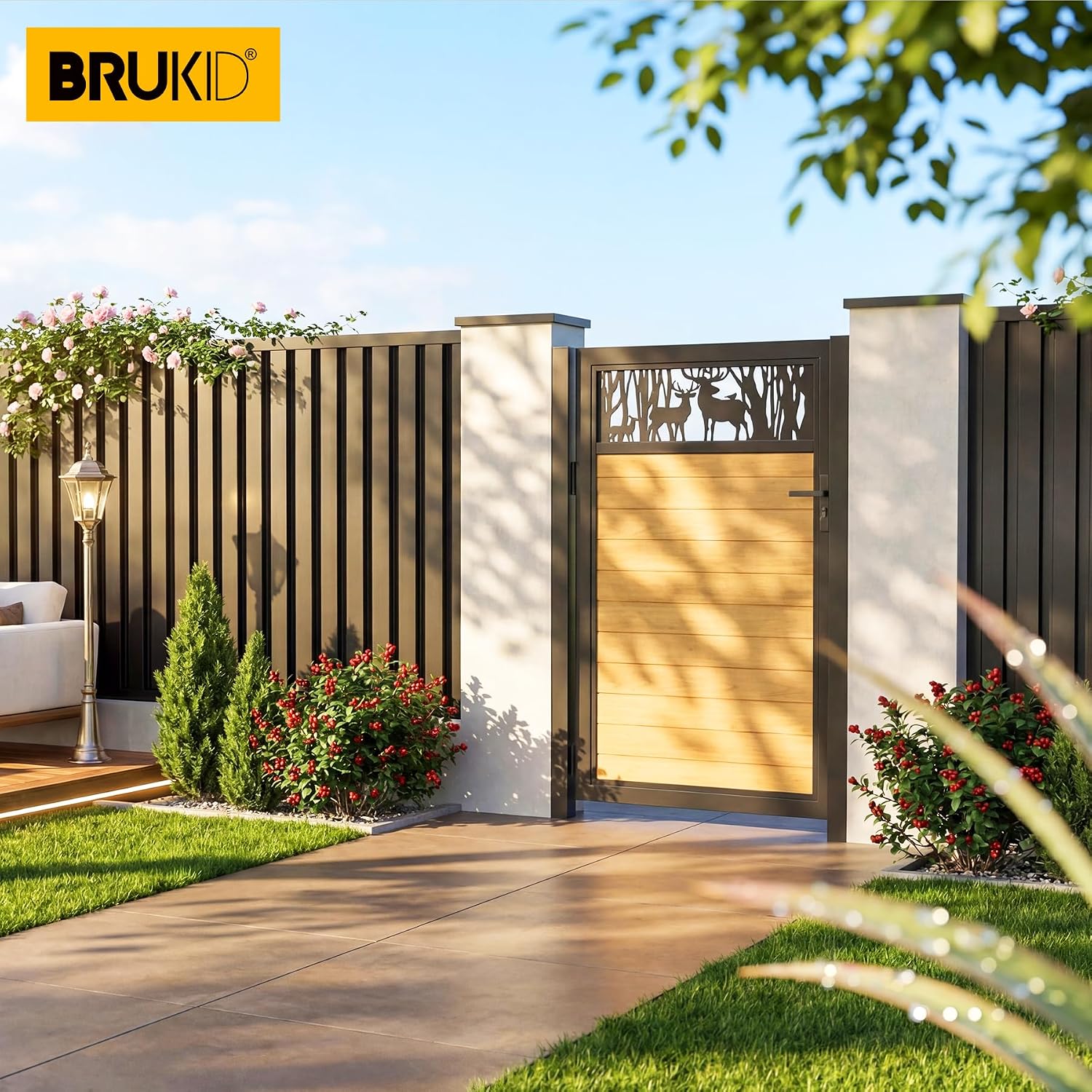 3x5 FT Aluminum Fence Gate Kit Wood Grain Aluminum Gate with Decorative Cutout, Lock & Hinges, Left/Right Opening, Weather Resistant for Yard Garden Patio