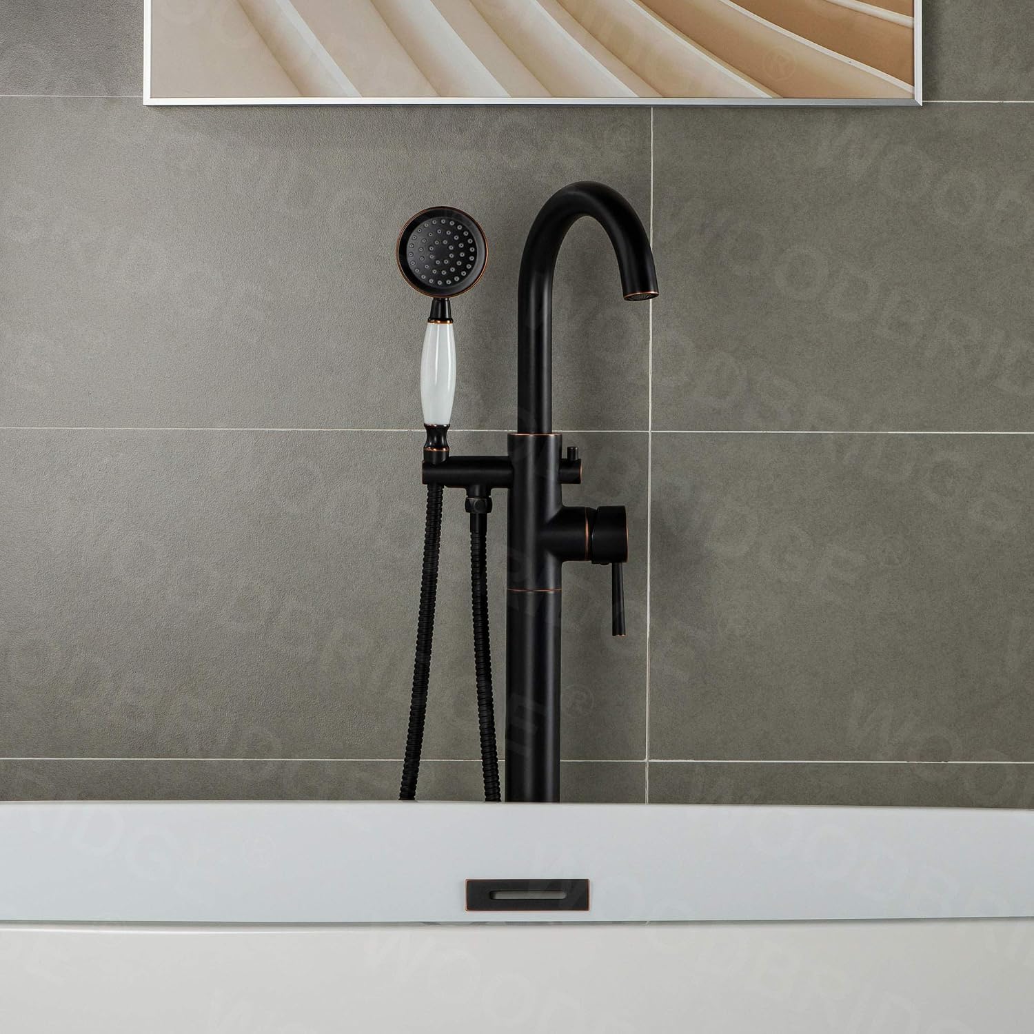 WOODBRIDGE Contemporary Single Handle Floor Mount Freestanding Tub Filler Faucet with Hand Shower in (Oil Rubbed Bronze) Finish,F0010-ORBVT