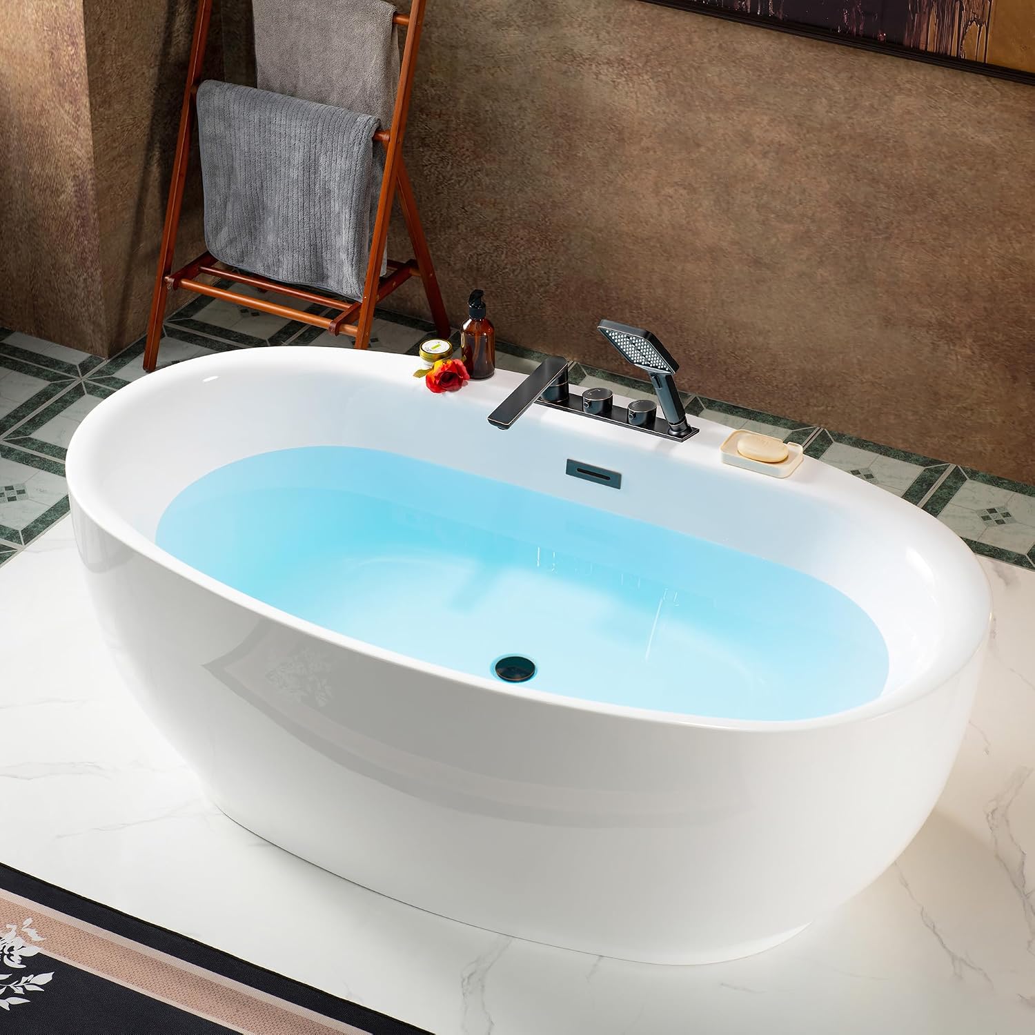 WOODBRIDGE 66' Acrylic Freestanding Bathtub Contemporary Soaking White Tub with F0044 Deck-Mount Faucet in Oil Rubbed Bronze