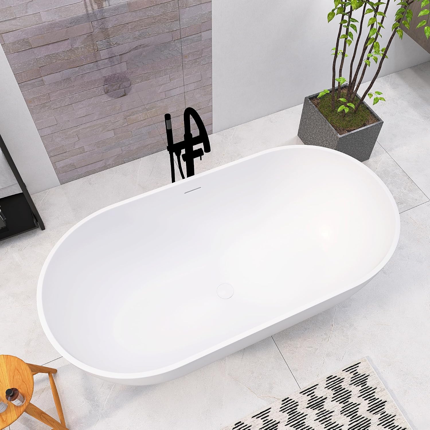 59 Inch Freestanding Bathtub Oval Shaped Solid Surface Resin Stone soaker Freestanding Tubs Matte White Soaking Tub with Overflow and Pop-up Drain (white)307-1500