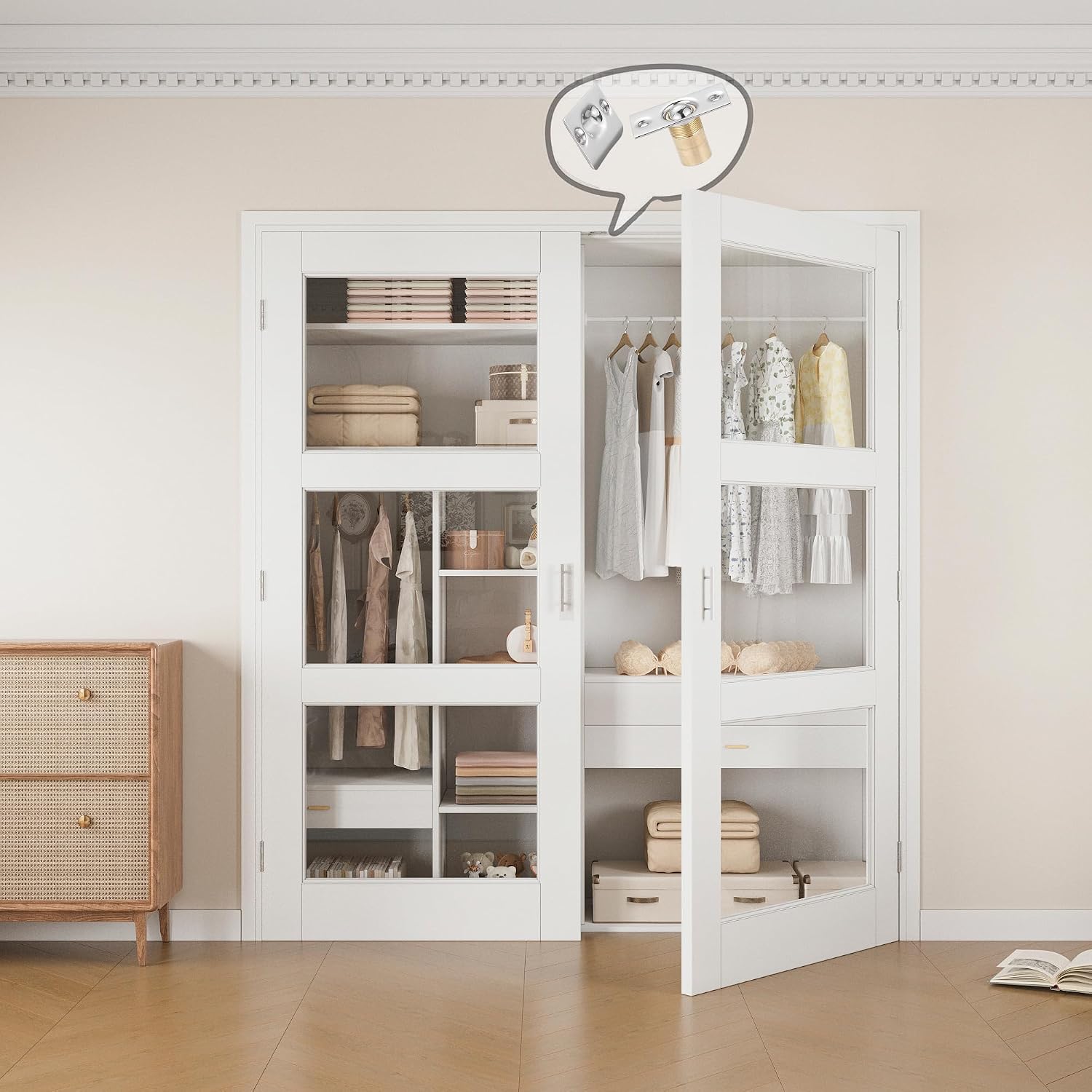 64' x 80' Ball Catch French Doors, 3 Panel Clear Glass Solid Core Pre-Finished & Paintable Double Doors with Ball Catches & Hinges & Handles, White Door, Swing Closet Door Interior