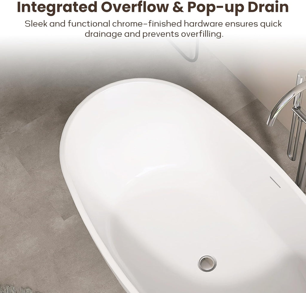 SJ STAR&JANE 60' Freestanding Bathtub, Acrylic Soaking Bathtub, Modern Acrylic Stand Alone Tub in white Intergrated Drain and Overflow,cUPC Certified