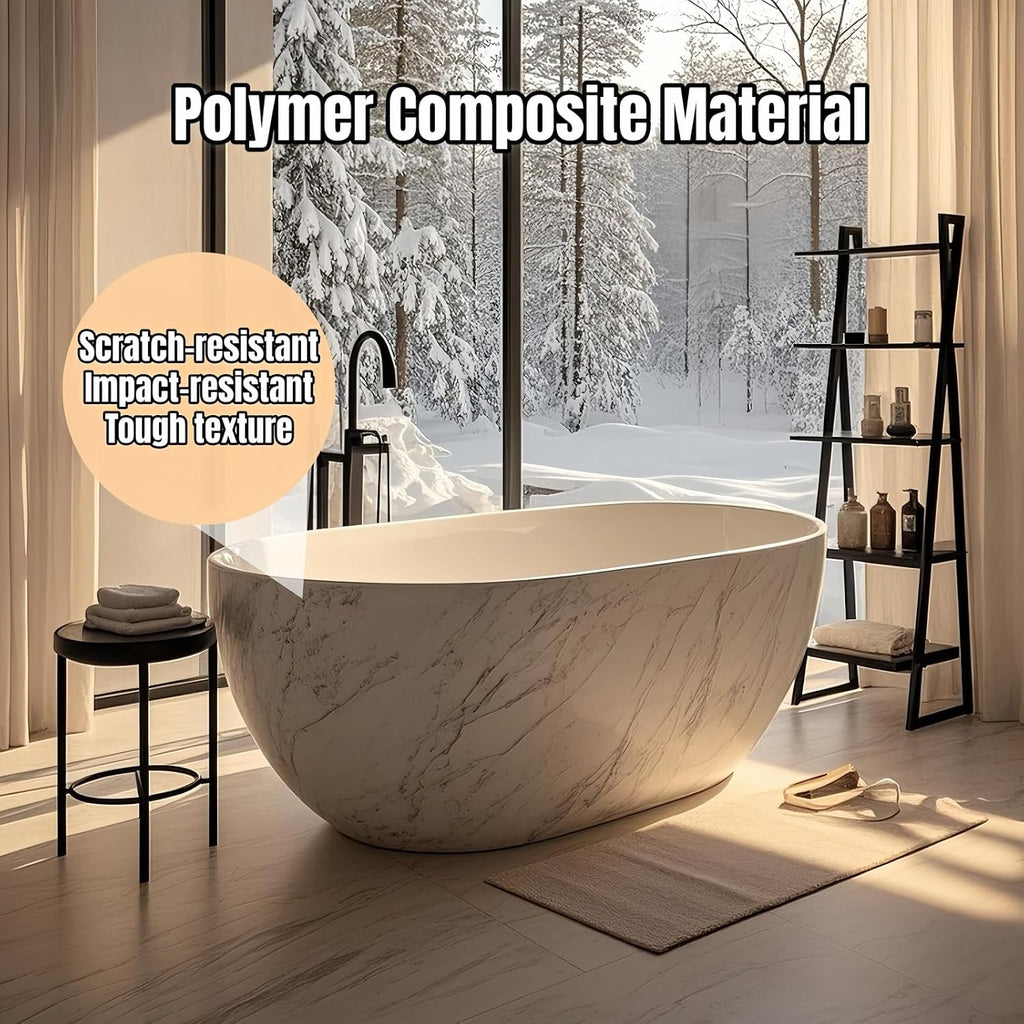 52' Edeyeu Freestanding Bathtub - Solid Surface, Extra Deep Soaking Tub, Luxurious Free Standing Bathtub for Home, Spa, Hotel, Durable Acrylic Soaker Tub with Modern Design, White