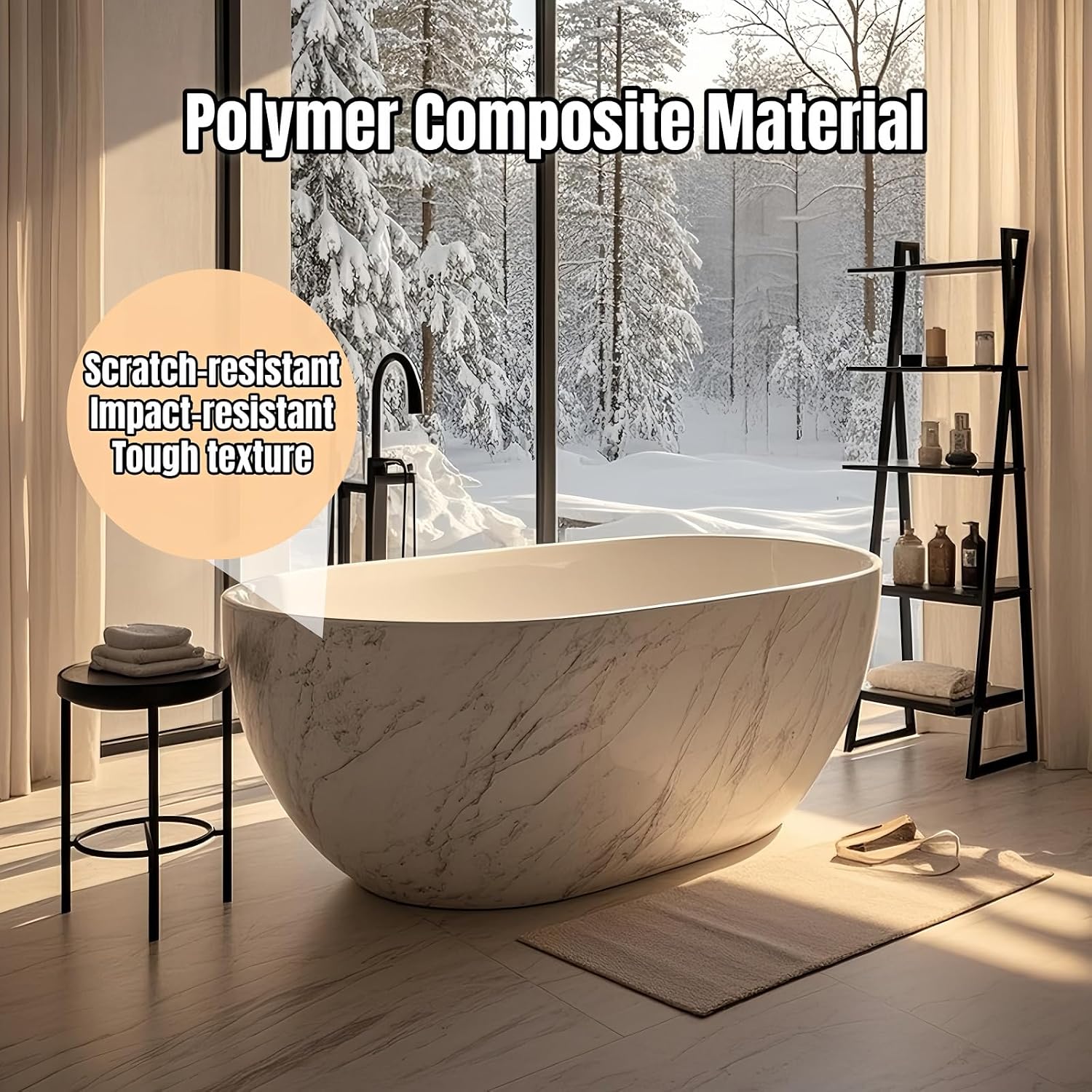 52' Edeyeu Freestanding Bathtub - Solid Surface, Extra Deep Soaking Tub, Luxurious Free Standing Bathtub for Home, Spa, Hotel, Durable Acrylic Soaker Tub with Modern Design, White