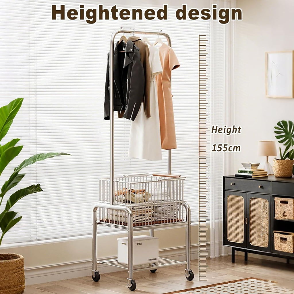 Garment Rack With Wheels, Rolling Clothing Racks For Hanging Clothes, Clothes Rack With Shelves, Metal Freestanding Clothing Organizer, For Bedroom Living Room
