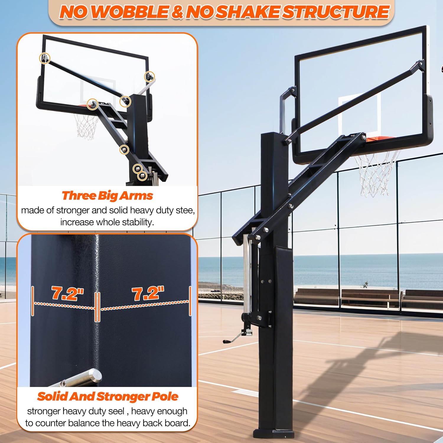 72 Inch Inground Basketball Hoop with Tempered Glass Backboard and 7.2 inch Square Pole Adjust Height from 5.4 Ft to 10 Ft with 3.8 Ft - 4.4 Ft Overhang for All Levels of Play