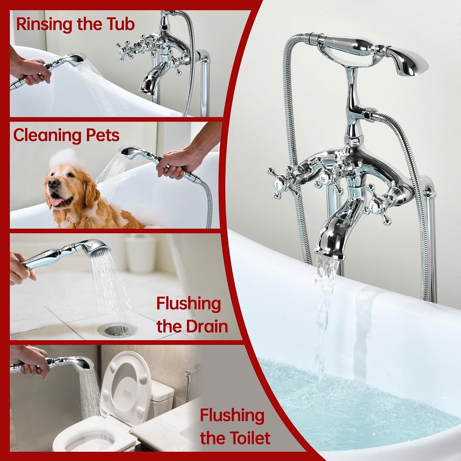 SUMERAIN Waterfall Freestanding Bathtub Faucet with Hand Shower, Antique High Flow Floor Mount Tub Filler Solid Brass, Chrome Finish