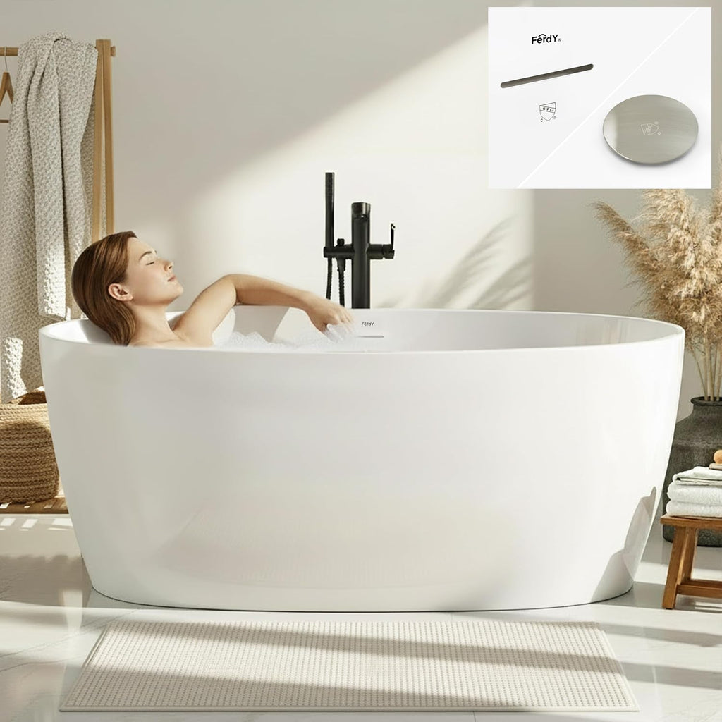 FerdY 59' Acrylic Freestanding Bathtub, Contemporary Soaking tub with Brushed Nickel Drain & Overflow, cUPC Certified, Elegant Oval Shape, Tahiti
