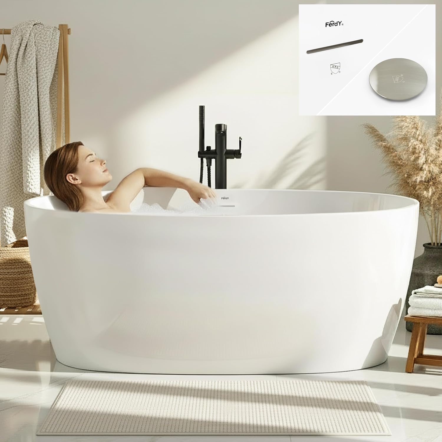 FerdY 59' Acrylic Freestanding Bathtub, Contemporary Soaking tub with Brushed Nickel Drain & Overflow, cUPC Certified, Elegant Oval Shape, Tahiti