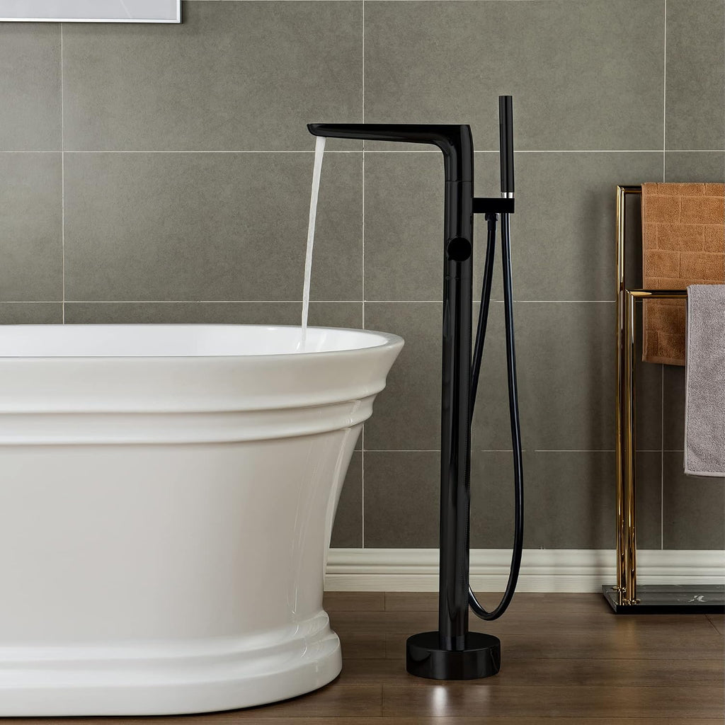 WOODBRIDGE F0015BL Contemporary Single Handle Floor Mount Freestanding Tub Filler Faucet with Hand shower in Matte Black Finish.