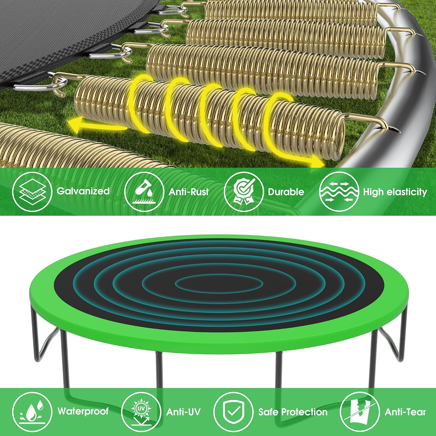 Exal Trampoline Outdoor with Basketball Hoop and Enclosure Net, 1500LBS Backyard Heavy Duty Trampoline ASTM CPC Certified Kids Trampoline, Light, Sprinkler, Socks, No-Gap Pad, Wind Stakes Included