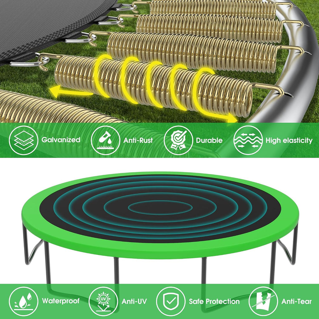 Exal Trampoline Outdoor with Basketball Hoop and Enclosure Net, 1500LBS Backyard Heavy Duty Trampoline ASTM CPC Certified Kids Trampoline, Light, Sprinkler, Socks, No-Gap Pad, Wind Stakes Included