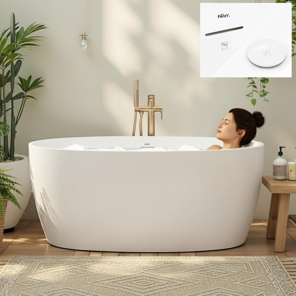 FerdY 55' Acrylic Freestanding Bathtub, Contemporary Soaking tub with Polished White Drain & Overflow, cUPC Certified, Elegant Oval Shape, Tahiti