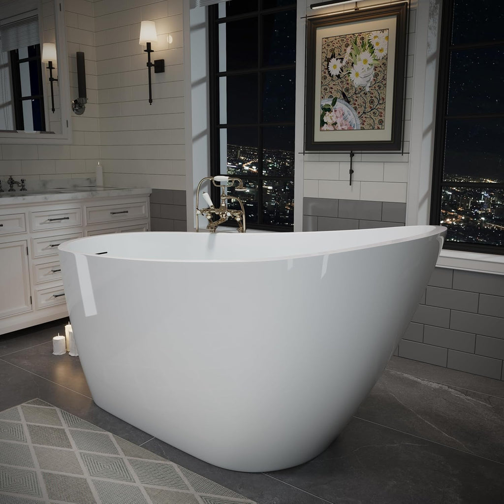 55' Acrylic Freestanding Bathtub, Deep Soaking Bathtub with Pop up Drain Integrated Overflow, Stand Alone Bath Tub for Bathroom Spa or Home Upgrade, Glossy White TH 26A04 55