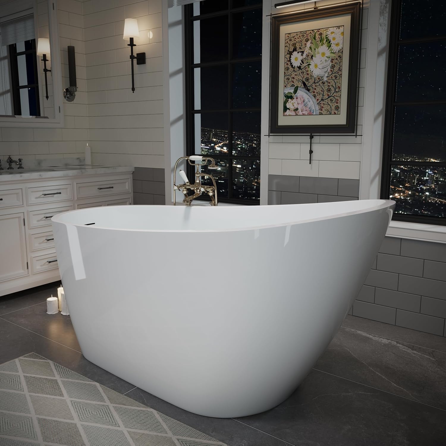 55' Acrylic Freestanding Bathtub, Deep Soaking Bathtub with Pop up Drain Integrated Overflow, Stand Alone Bath Tub for Bathroom Spa or Home Upgrade, Glossy White TH 26A04 55