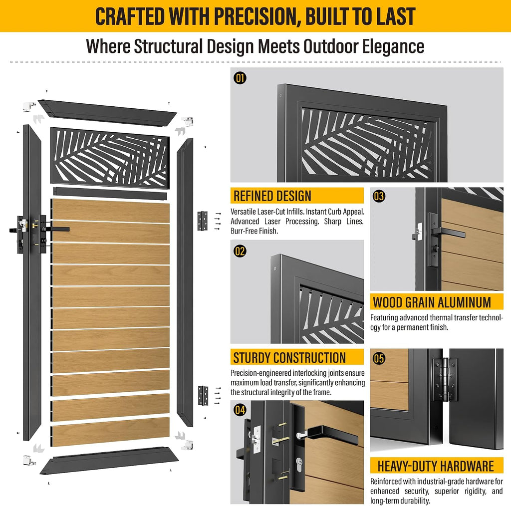 3x5 FT Aluminum Fence Gate Kit Wood Grain Aluminum Gate with Decorative Cutout, Lock & Hinges, Left/Right Opening, Weather Resistant for Yard Garden Patio