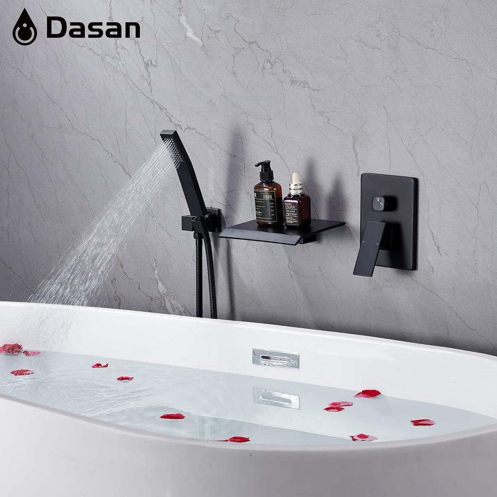 Upgraded Wall Mount Tub Filler Faucet with Handheld Shower, DASAN Modern Wall Mounted Bathtub Faucet Matte Black High Flow Waterfall Tub Faucet with Rough in Valve, SA-TF04WH-MB