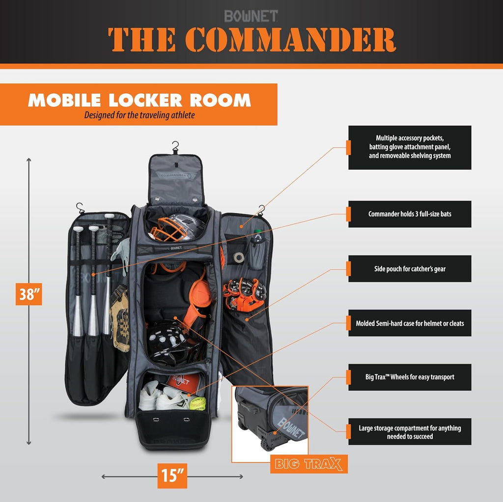 Bownet Commander Rolling Catcher's Gear Bag with Wheels – Baseball & Softball Equipment Bag for Travel Ball, Youth & Adult, 14 Pockets, Molded Helmet Case, Airline Approved