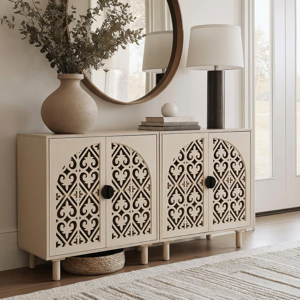 Storage Sideboard Cabinet, 60 x 32 x 16 inches, 4 Doors with Decorative Carved Panels, Natural Wood. [2pcs, Beige]