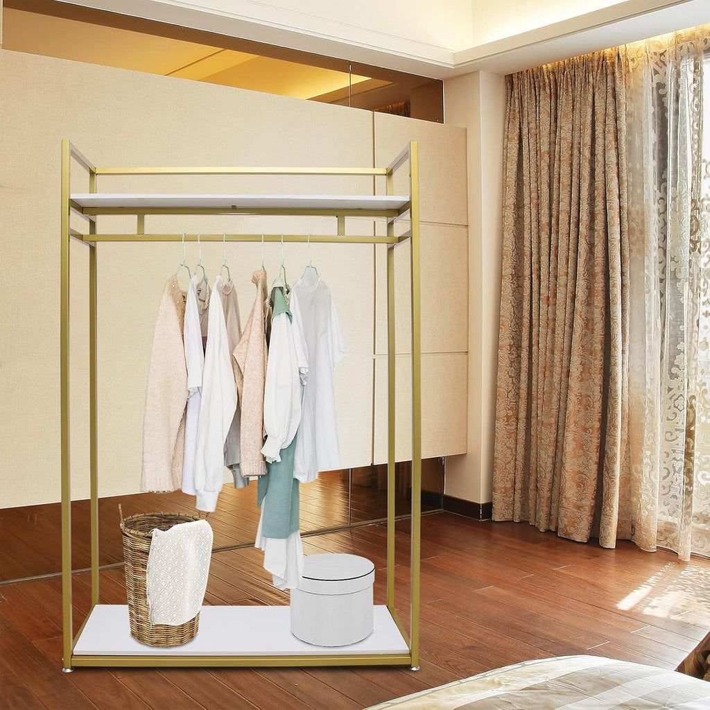 Gold Clothes Rack, Metal Freestanding Garment Rack Clothes Display Storage Stand Wardrobe Closet for Hanging Clothes Heavy Duty Garment Rack for Bedroom Closet Clothes Or Retail