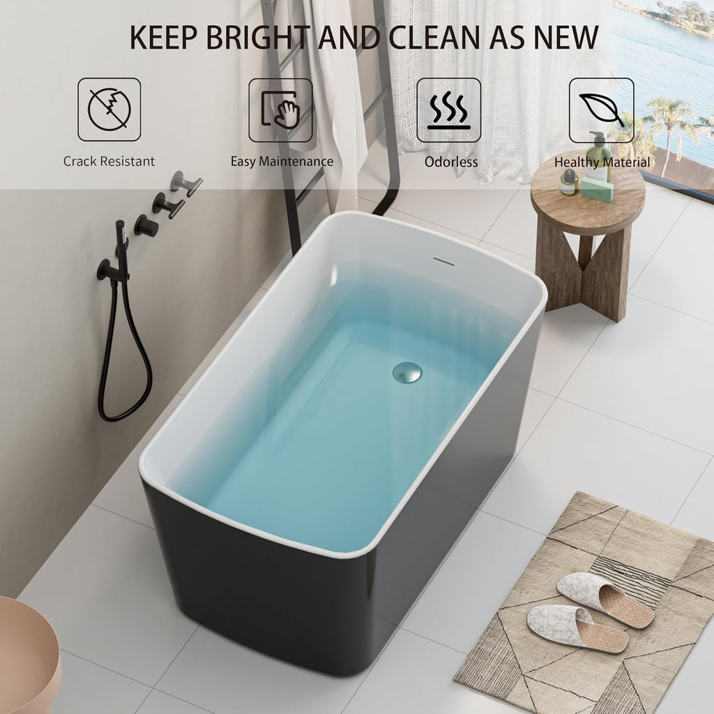 Abruzzo 49' Small Freestanding Bathtub - Square Acrylic Soaking Tub for Small Spaces, Japanese Style Deep Soak with Chrome Overflow & Quick Drain, Gloss Black cUPC Certified Compact Bathtub