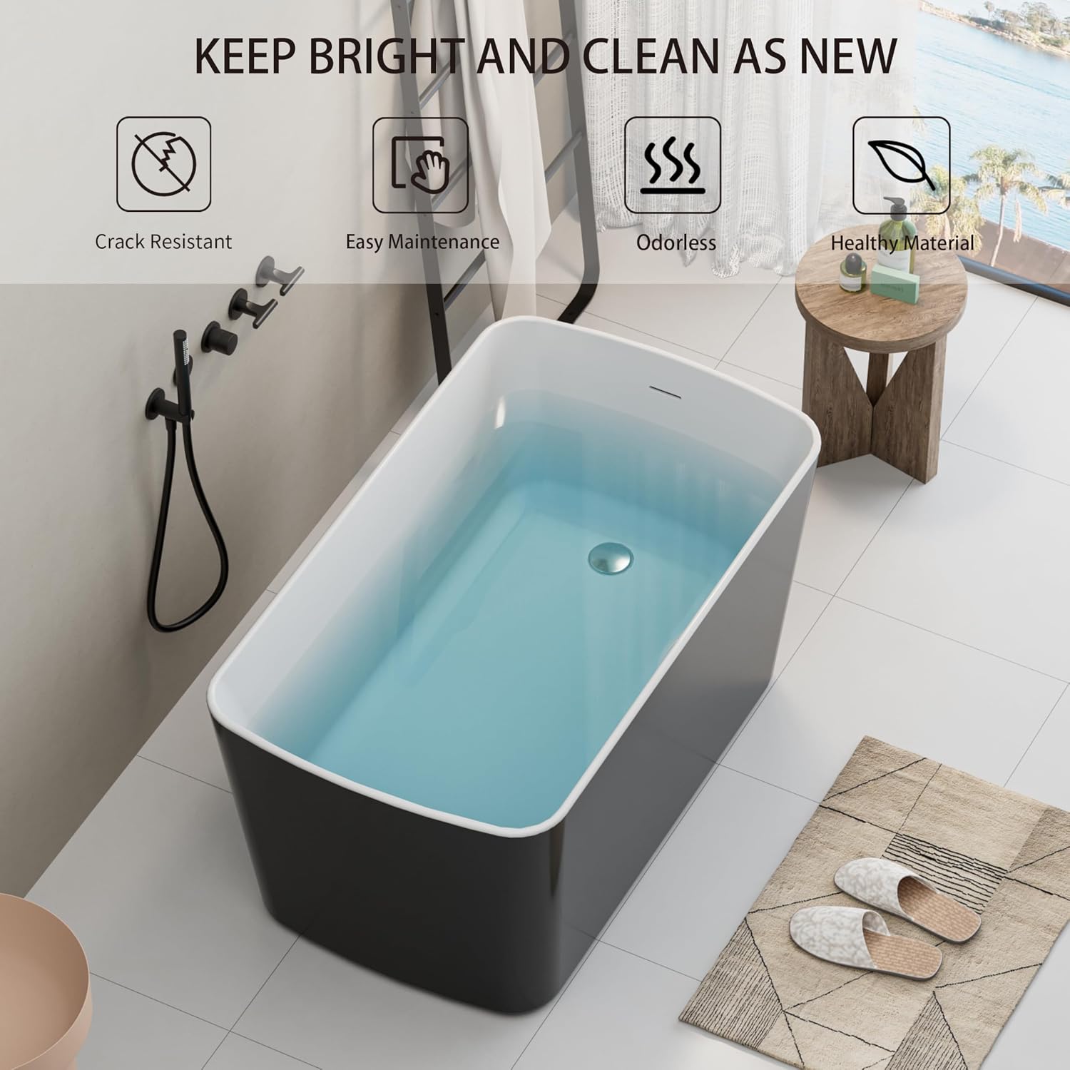 Abruzzo 49' Small Freestanding Bathtub - Square Acrylic Soaking Tub for Small Spaces, Japanese Style Deep Soak with Chrome Overflow & Quick Drain, Gloss Black cUPC Certified Compact Bathtub