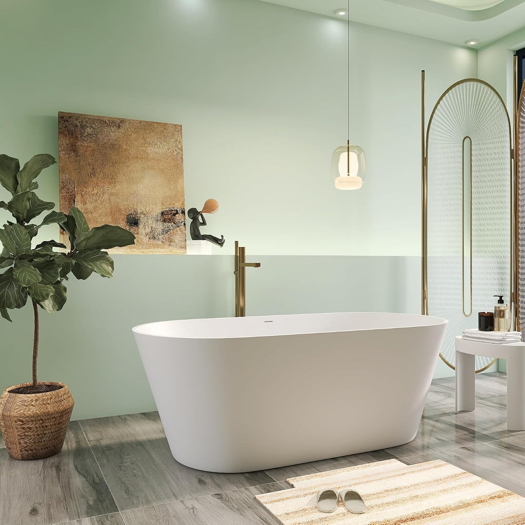 63' Premium Solid Surface Freestanding Bathtubs, Upgraded Oval Stone Resin Soaking Tub with Overflow and Pop-up Drain, Matte White