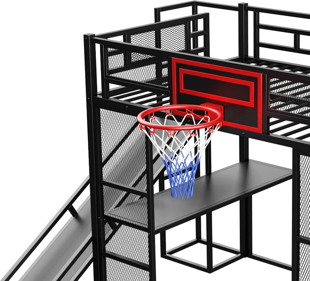 Merax Full Size Metal Loft Bed with Slide and Stairs, Loft Bed Frame with Built-in Desk, Open Wardrobe, Basketball Hoop, Space-Saving Loft Bed Frame with Storage Staircase for Kids Teens Boys, Black