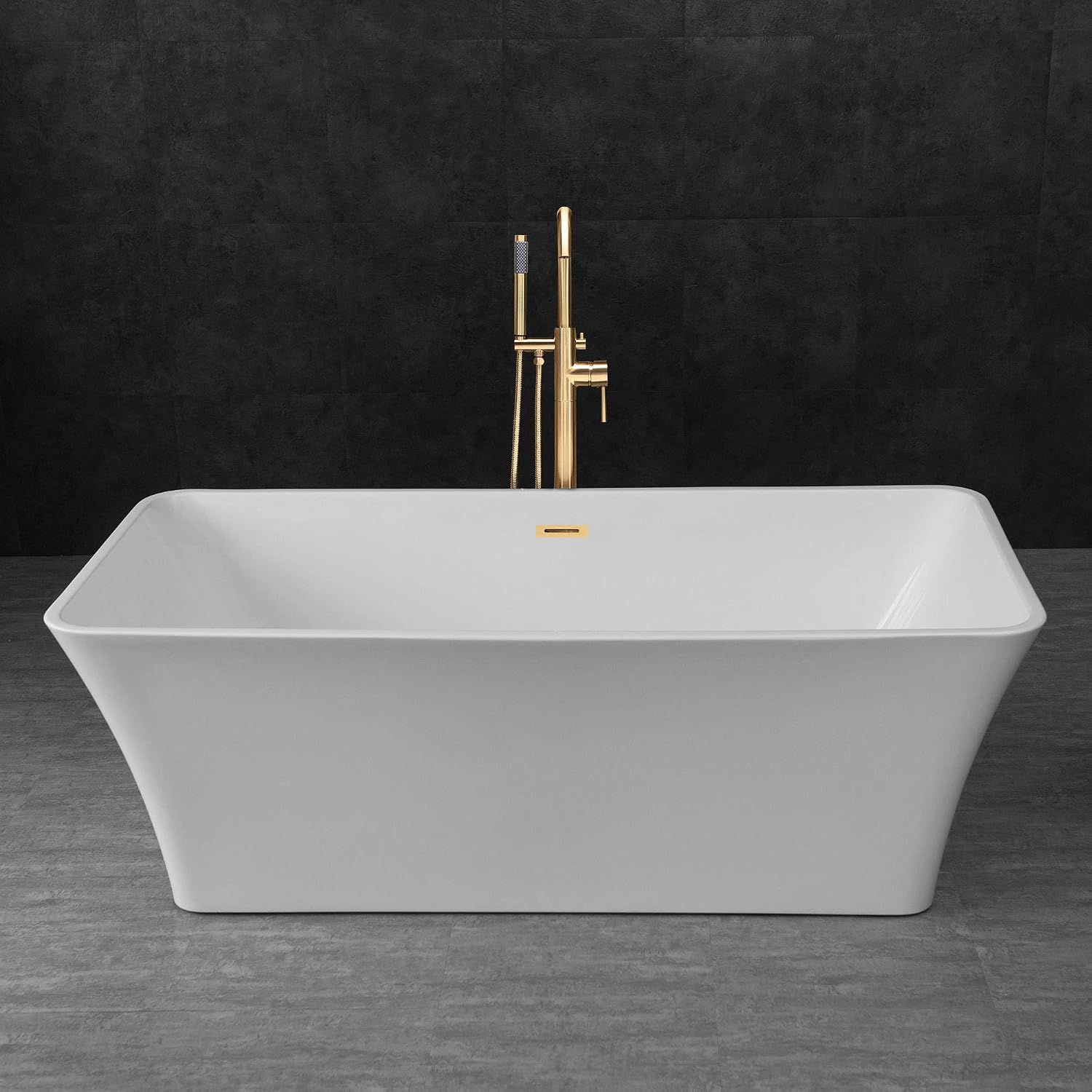 WOODBRIDGE 67' Acrylic Freestanding Bathtub Contemporary Soaking Tub, White Acrylic (Brushed Gold Drain/Overflow), B0004 -G-Drain &O