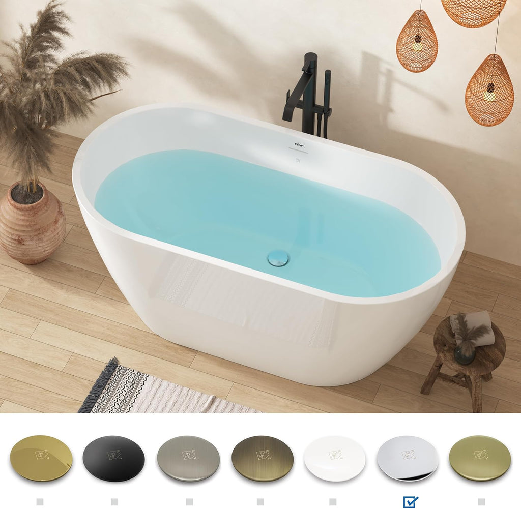 FerdY 55' Acrylic Freestanding Bathtub, Contemporary Soaking tub with Chrome Drain & Overflow, Elegant Oval Shape, cUPC Certified, Bali